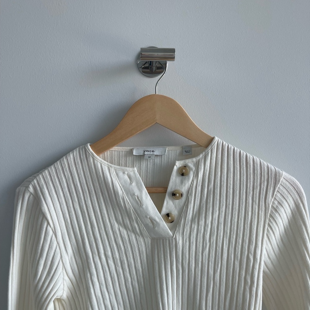 Vince White  Ribbed Long Sleeve Top Henley - Picture 3 of 5